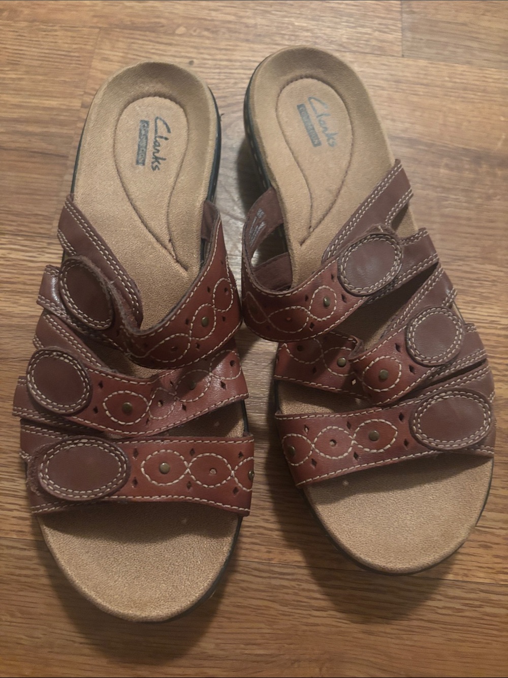 Clarks Brown Leather Multi-Strap Slide Sandals